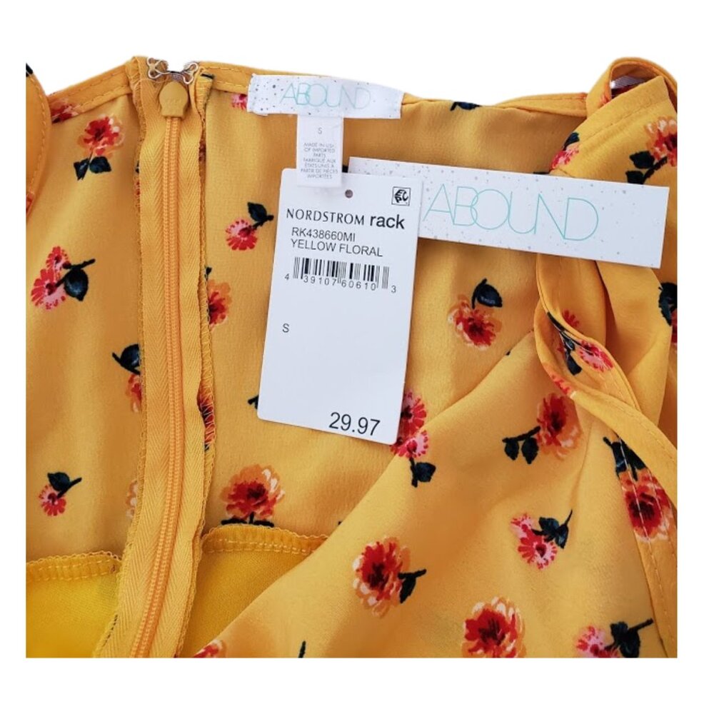 Women's Ruched Front Mini V-Neck Yellow w/ Floral Pattern Dress Small NWT - Picture 6 of 10